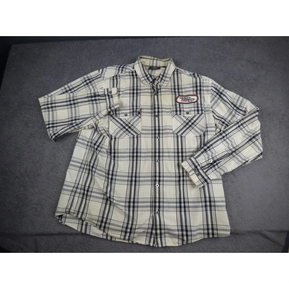 Harley-Davidson Racing Mens Plaid Button Down Shirt Cream Black Long Sleeve 2XL